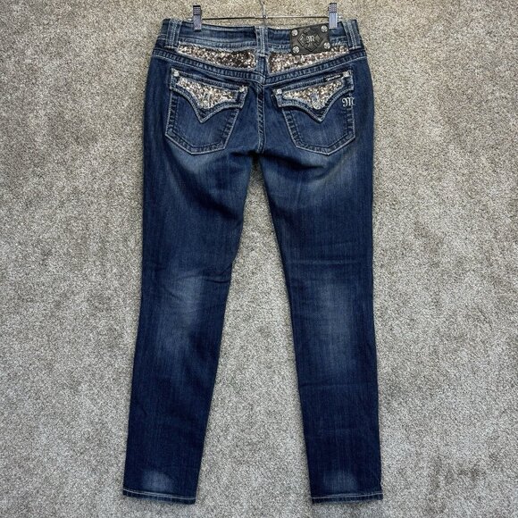 Miss Me Denim - Miss Me Jeans Womens 30x32 Blue Skinny Flap Pockets Distressed Dark Wash Denim